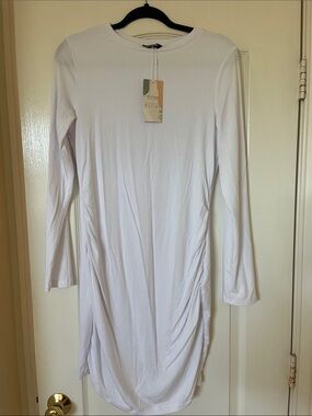 Minimalist White Long-Sleeve Ruched Side Dress
